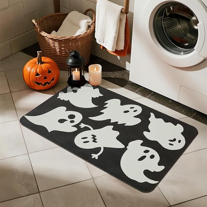 TYUU Halloween Bath Mat, Thin Halloween Bathroom Rug Non Slip Quick Dry Ghost Bath Mat Fits Under Door Thin Floor Mat Halloween Decor, 17''x30'', Ghosts Black