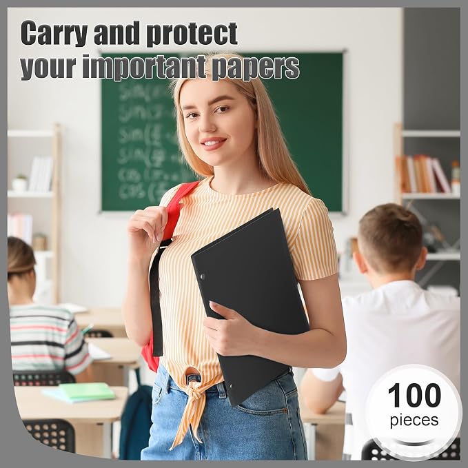 Yeaqee 100 Pcs Plastic Folders with Pockets Bulk 3 Hole Punched 2 Pocket File Folders for 3 Ring Binder Divider Folder for Notebooks, Durable Poly for Office Home (Black)
