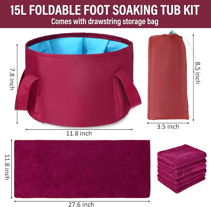 FillTouch 12 Pcs 15L Foldable Foot Soaking Tub Kit Portable Foot Bath Tub for Soaking Feet with Towel and Storage Bag Soak Spa Bucket for Travel Camping (Claret)
