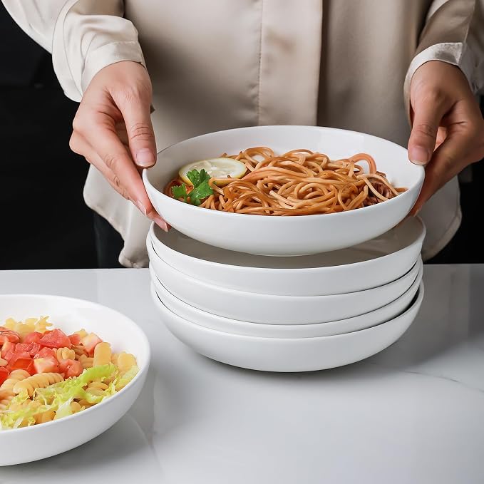 Selamica Porcelain 8.6 inch Salad Pasta Bowls, 34 OZ Bowls Plates, Wide and Shallow Serving bowls, Microwave & Dishwasher Safe, Sturdy & Stackable, Set of 6(White)