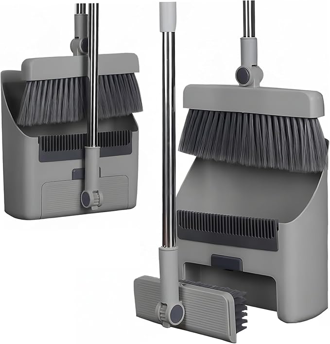 Broom Dustpan with Long Handle, 3-in-1 90° Stand up Heavy Duty Dust Pan and Broom Set 180° Rotation for Indoor & Outdoor Sweeping Home..