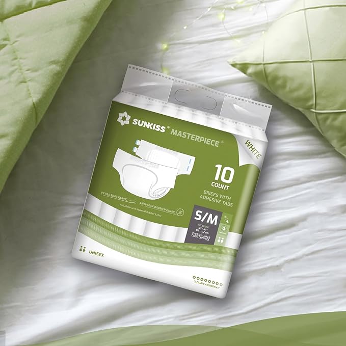 SUNKISS Masterpiece Adult Diapers with Tabs, Unisex Disposable Incontinence Briefs for Women and Men, Odor Control, White, Small/Medium, Previously Medium, 10 Count (Pack of 2)