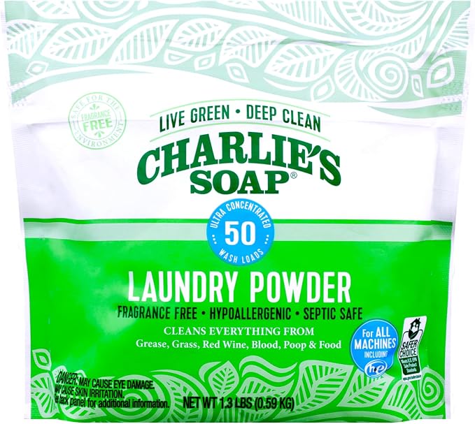 Charlie’s Soap Laundry Powder (50 Loads, 1 Pack) Hypoallergenic Deep Cleaning Washing Powder Detergent – Eco-Friendly, Safe, and Effective