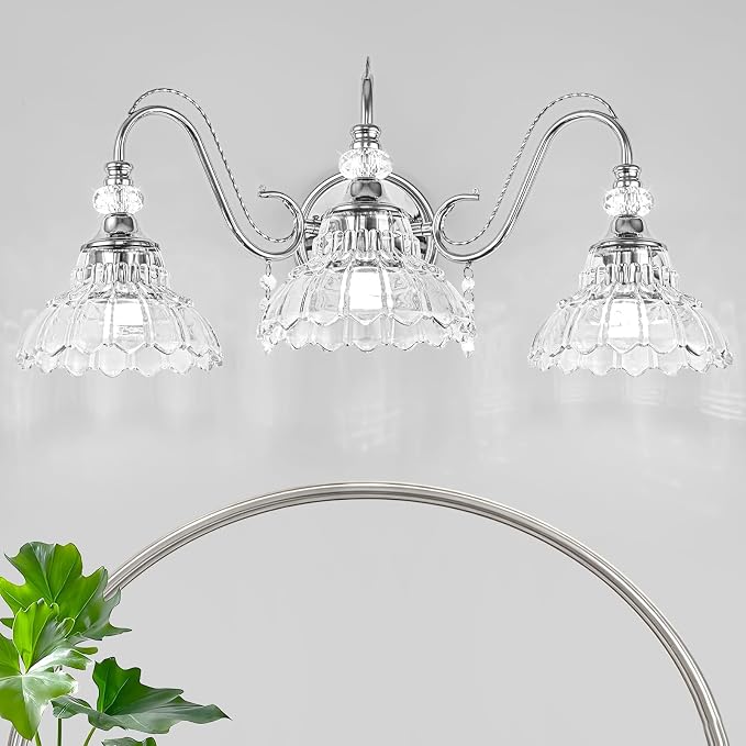 Brushed Chrome Bathroom Vanity Light, 3-Light Chrome Finish Wall Sconce with Hanging Crystal Accents and Flower-Shaped Clear Glass Shades, Modern Wall Mount Vanity Light Over Mirror for Bathroom