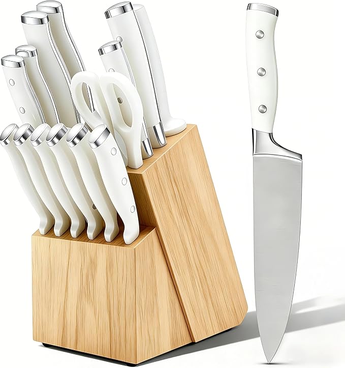 Knife Set, 15 Piece Premium Chef High Carbon Stainless Steel Kitchen Knife Block Set, Razor-sharp, Ergonomic Forged Triple Rivet Handle, Professional Knife Set for Kitchen, Dishwasher Safe(White)