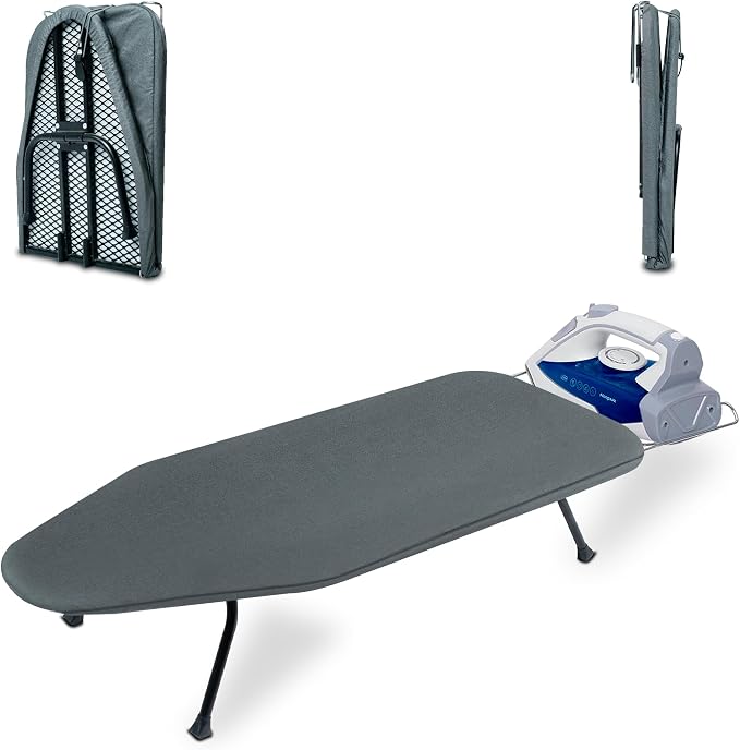 Metal Mesh Panel Tabletop Ironing Board | Foldable Iron Board | Heavy Duty Small Iron Board with Heat Resistant Cover and 100% Cotton 8mm Thicken Pad (Grey)
