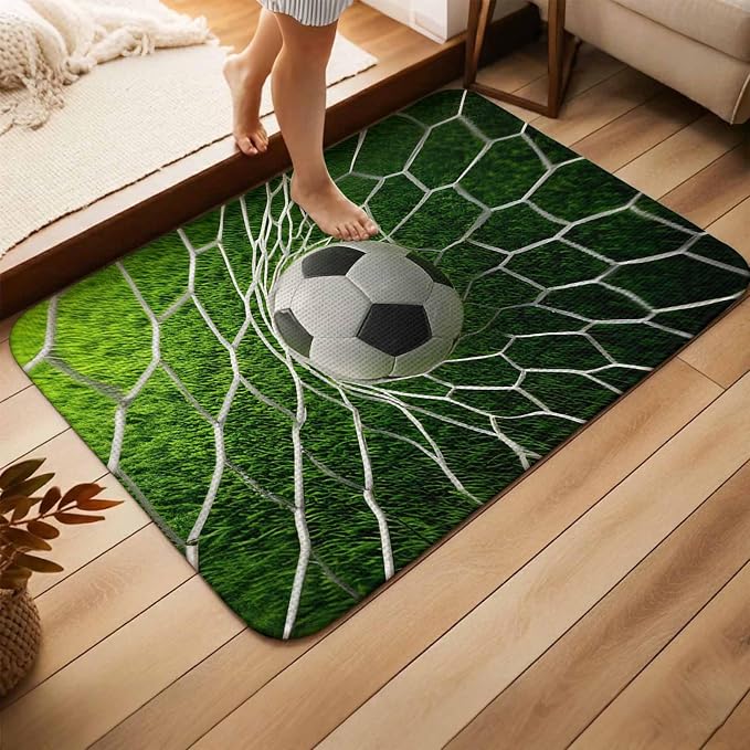 Soccer Washable Area Rugs for Living Room Bedroom, Large Non Slip Indoor Floor Carpet Absorbent Low Pile Goal Net Competitive Green Grass Athletic Door Mat Rugs for Bathroom Entryway 47.2"x63"