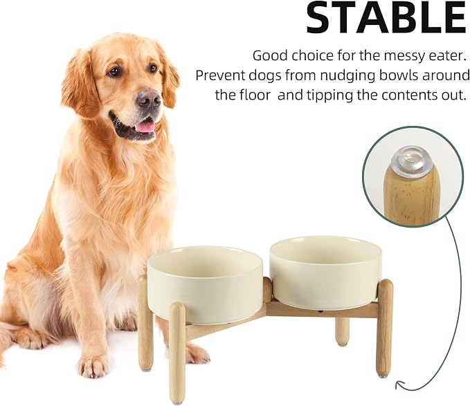Havniva Elevated Dog Bowls Ceramic Dog Bowls with Stand, Dog Food Bowl | 7.3” Raised Dog Bowls with Non-Slip Wood Stand, Dog Food and Water Bowl Set, Double Dog Feeding Bowls for Medium Dogs