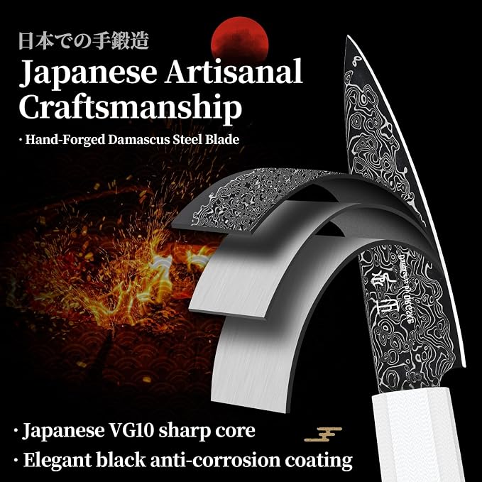 DRGSKL Damascus Fruit Knife 3.5 inch - VG10 Paring Knife with G10 Handle | Japanese VG10 Core, Black Anti-corrosion Coating, Damascus Blade, G10 Handle, Gift Box, Wet Edge Grinding Technology