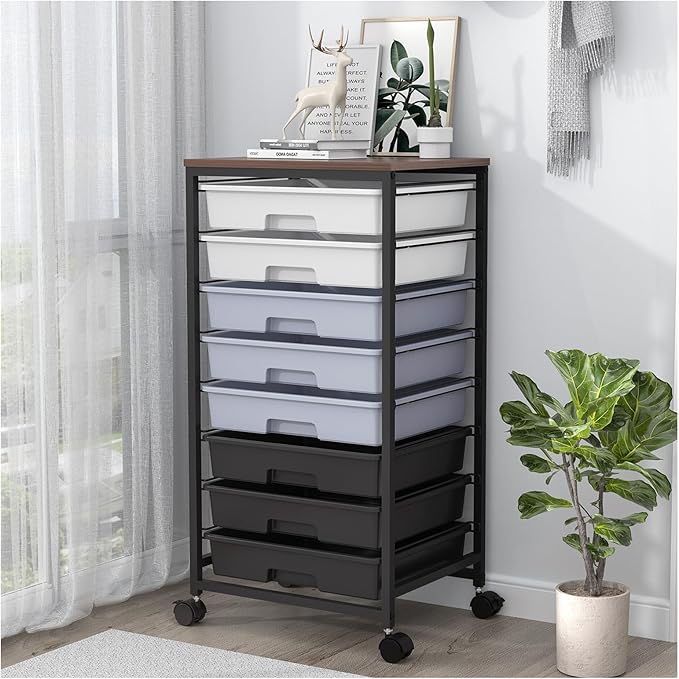SYKIARIOL Rolling Cart with Drawers,Utility Cart With 8 Drawers and Wooden Tabletop for Living Room,Classroom,Bedroom,Bathroom,Dorm,Office,Dark Grey