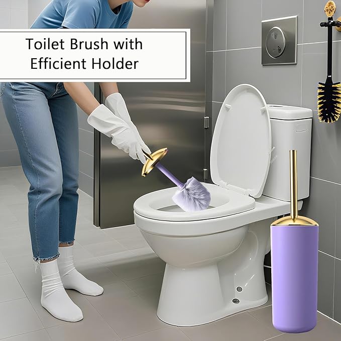BSSN Purple and Gold Bathroom Accessories Set, 9 Pieces Luxury Bath Decor Set with Trash Can, Toilet Brush, Gold Pump Soap Dispenser, Multi-Slot Toothbrush Holder, Qtip Jars and Tray