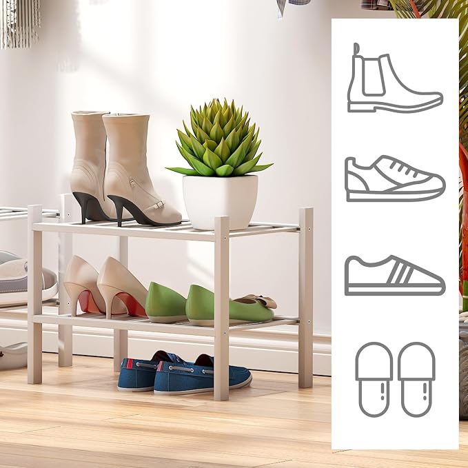 viewcare White Small Shoe Rack for Entryway,2-Tier Bamboo Shoe Organizer for Hallway Closet, Free Standing Shoe Racks for Indoor Outdoor