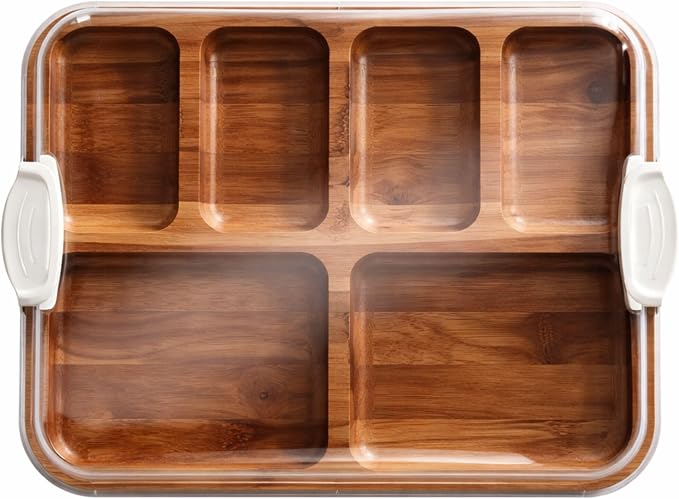 Farberware Build-A-Board Acacia Cutting Board with Compartments and Clear Locking Lid, White Handles, 11x14 Inches - Charcuterie Board, Snack Tray, Food Prep and Portable Entertaining Platter