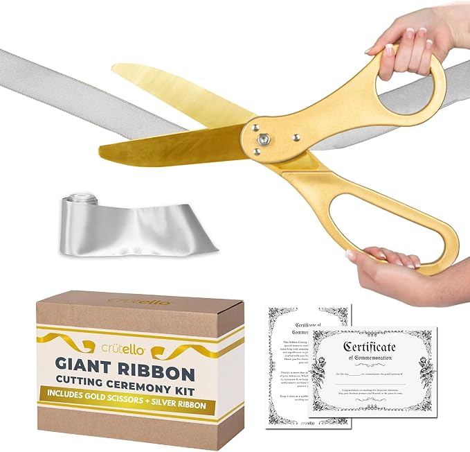 Crutello Ribbon Cutting Ceremony Kit - Grand Opening Ribbons and Scissors - 20"Giant Gold Scissors and 30 Foot Large White Ribbon 4"Wide - Ceremonial Kit