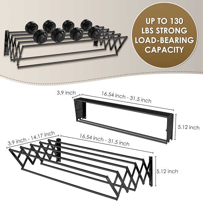 XL-31.5" Wall Clothes Drying Rack, Retractable Mounted Rack Black | 7 stainless rods, staggered for faster drying. Rustproof. Expands to 25.6"D. Folds flat for storage. Mounting hardware.