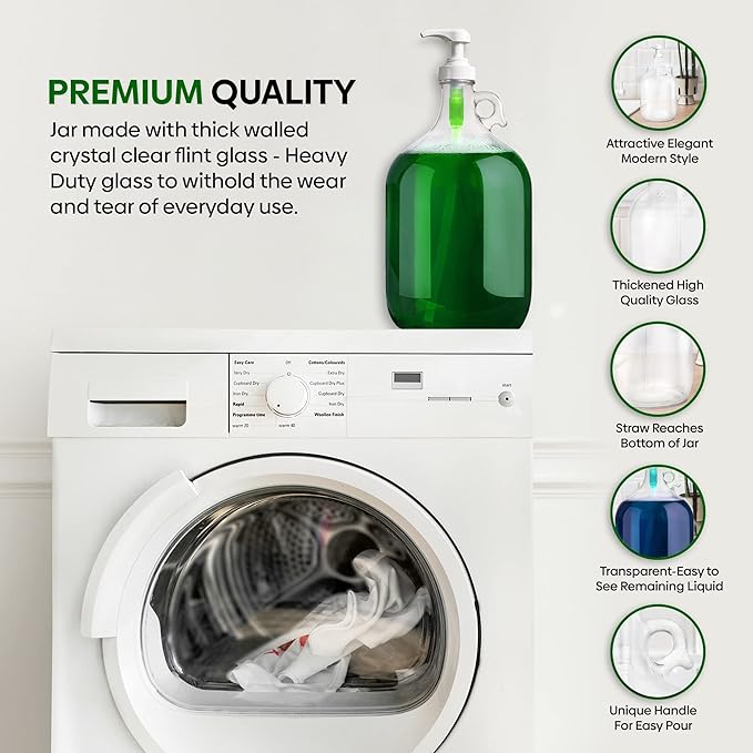 kitchentoolz Gallon Glass Pump Dispenser Bottle, Large Jug Laundry Liquid Detergent Dispenser with Pump for Laundry Room Organization, Soap, Fabric Softener, Commercial Condiment Dispenser- 128 oz