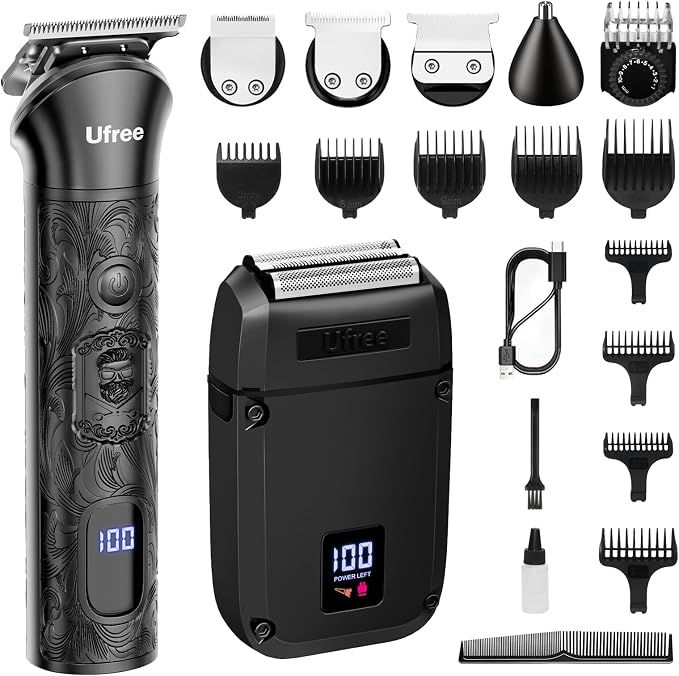 Ufree Foil Shaver and Beard Hair Trimmer Set, Men Electric Razor，Mens Gifts | T-Blade Line with 1-10mm Comb, Zero-Gap, Type-C, LED Display, Versatile for Mustache, Stubble, Nose and Crisp Edges