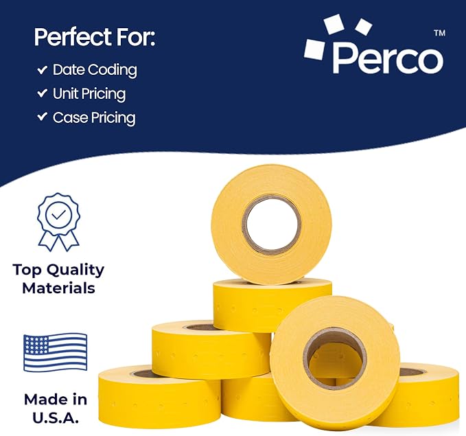 Perco 1 Line Yellow Labels - 8,000 Blank Price and Date Gun Labels for Perco Lite, X, Plus and Pro 1 Line Price and Date Guns- 8 Rolls, 1 Sleeve - Made in USA