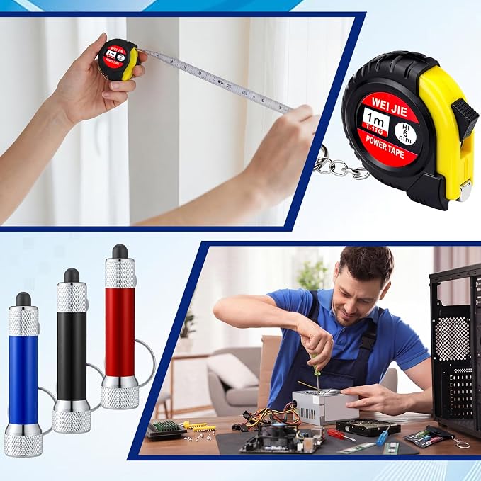 Jutom 27 Pcs Mini Tape Measure Keychain Screwdriver LED Light Keychain Bulk Men Adult Tool Party Gifts Prize for Man Father's Day Housewarming Gifts Adult Useful Tool Favors (Blue,Black,Red)