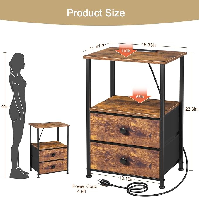 Nightstands Set of 2, LED Night Stand with Charging Station | Bedside Table with Type-C Outlets & 2 Fabric Drawers, End Tables with Storage Shelf for Bedroom, Small Spaces, Rustic Brown