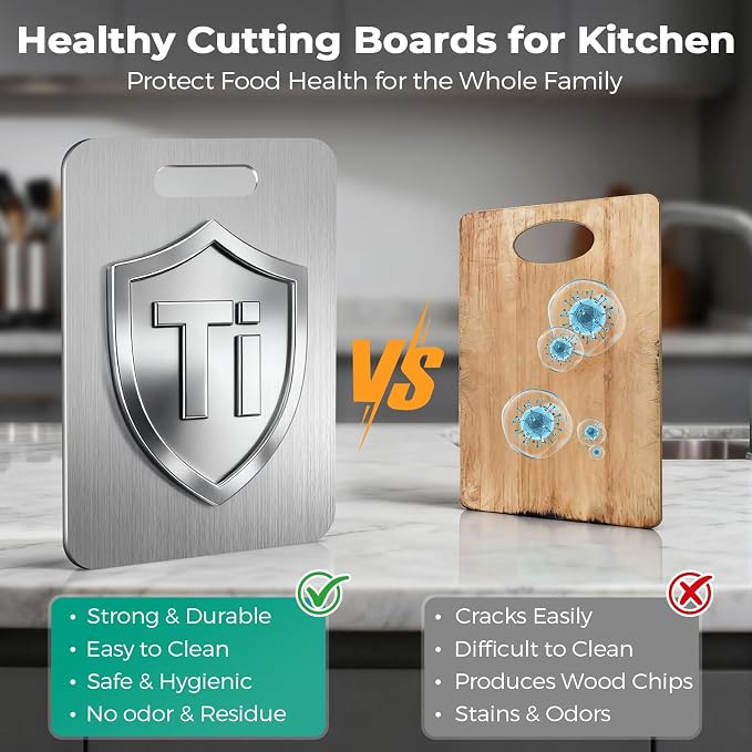 Katori Titanium Cutting Board - Upgraded 100% Pure Titanium Cutting Boards for Kitchen Non Toxic, Double Sided Food Grade Hygiene Non Moldy Dishwasher Safe Meat Fruit Metal Board (2PC 11 * 15.5 Inch)