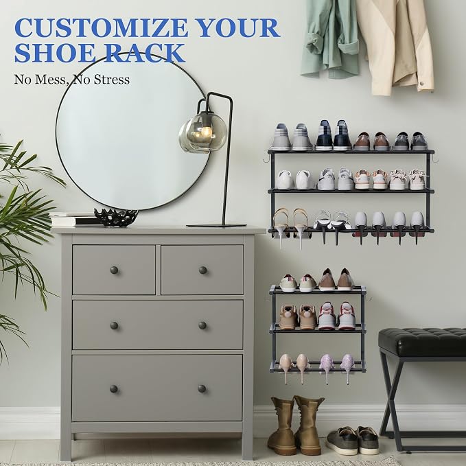 3 Pack Wall Mounted Shoe Rack, 3 Tier Hanging Shoe Rack Holds 36 Pairs, 17"-30"Adjustable Heavy Duty Metal Shoe Organizer Holder with 6 Storage Hooks, Space Saving for Closet Entryway Doorway（Black)