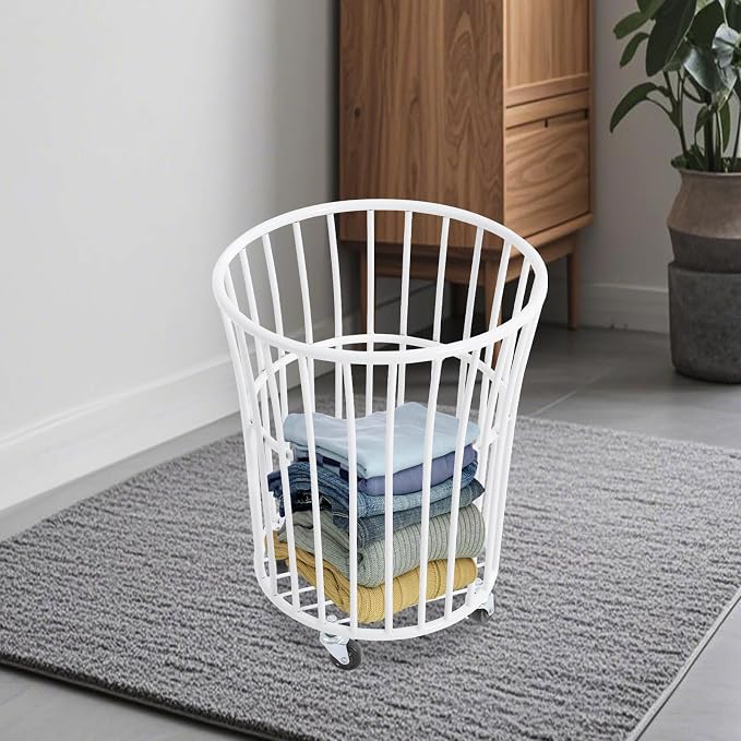 Rolling Laundry Hamper with Wheels Metal Wire Laundry Basket Cart Heavy Duty Clothes Toy Sundries Storage Organize Hamper Bin for Living Room Bathroom Closet Bedroom (White, Round 4)