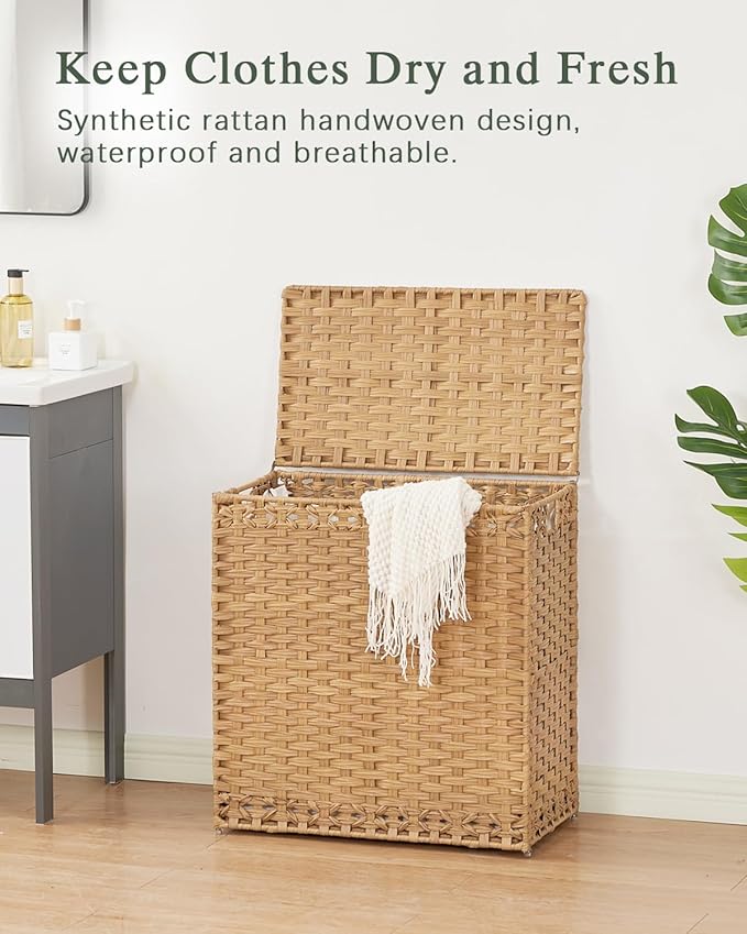 SETVSON Laundry Hamper with Lid Wicker Laundry Basket 112L, Natural | Large Family Clothes Sorter Trunk with Lid, 3 Compartment Washable Liners, 6 Mesh Bags, Collapsible Steel Frame