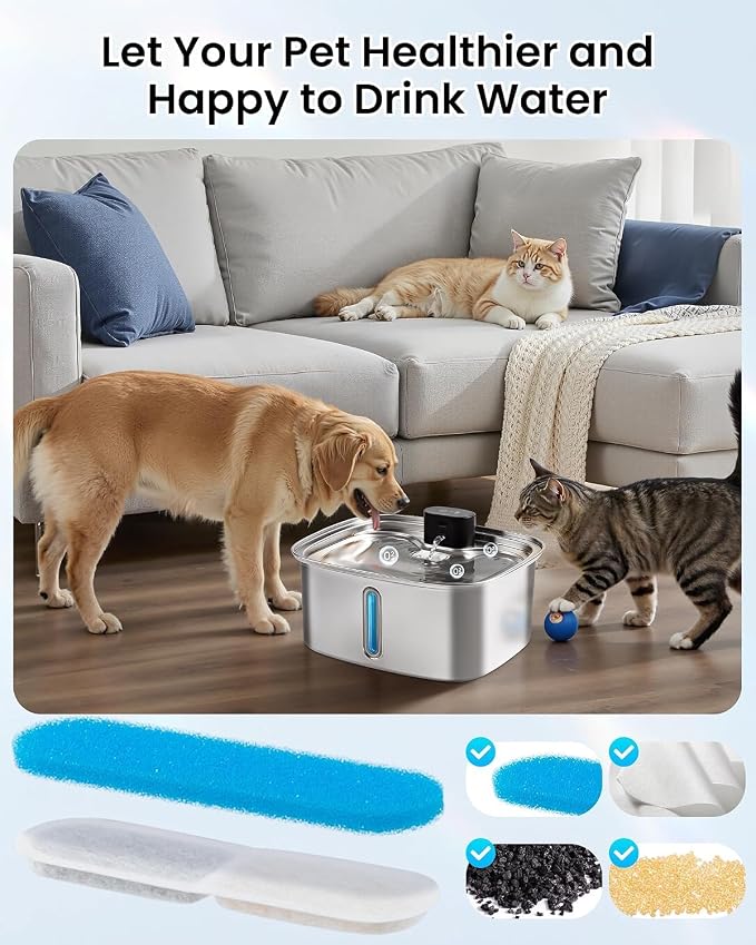 10L Pet Water Fountain Filters, Stainless Steel Dog Cat Dispenser with Wi-Fi, 2.64 Gallon Automatic Filtered Water Bowl Using Filter, 8 Filters and Sponges