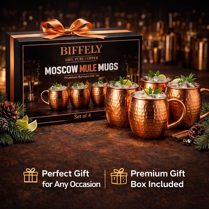 Premium Handcrafted Copper Moscow Mule Mugs Set of 4 – 16oz Hammered Solid Copper Cups, BPA-Free & Lacquer-Free, Elegant Gift Set for Cocktails, Water, Home Bar & Parties