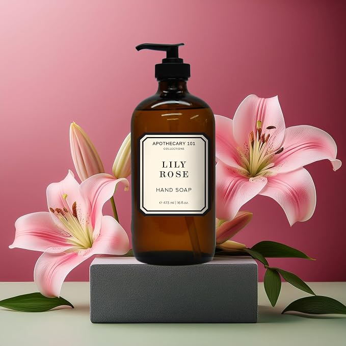 Apothecary 101 Glass Hand Soap Set, Sea Salt Verbena, Huckleberry, Lily Rose, Coconut Citrus, 16 Fl Oz Bottles, Home and Body Company