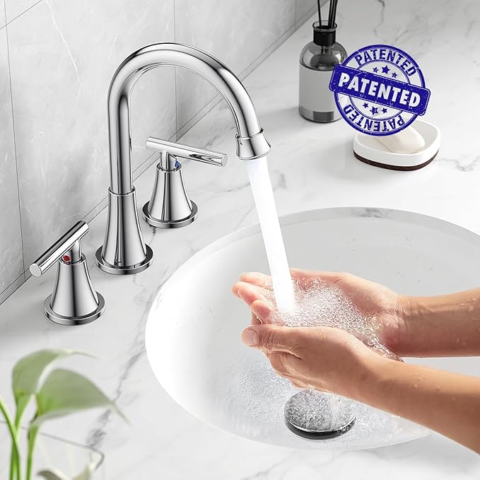 Bathroom Faucets for Sink 3 Hole, Hurran Chrome Bathroom Sink Faucet with Pop-up Drain and Supply Lines, Stainless Steel Lead-Free Widespread Faucet for Vanity RV Farmhouse, 2 Pack
