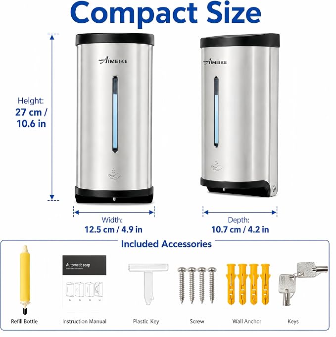 Automatic Wall-Mount Soap Dispenser, 800 mL Stainless Steel | Touchless 800 mL wall dispenser with viewing window, keyed lock and low-liquid indicator; requires 6 AA batteries.