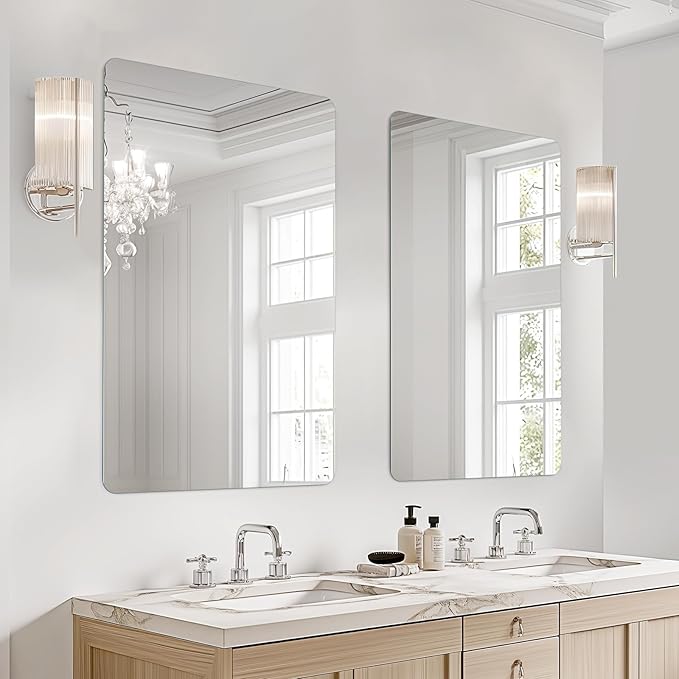 USHOWER 2-Pack Frameless Bathroom Mirrors for Over Sink, 24x36 Inch Rectangular Vanity Mirror with Rounded Corner, Shatterproof Mirror for Vanity, Bedroom, Entryway Upgraded & Remodel