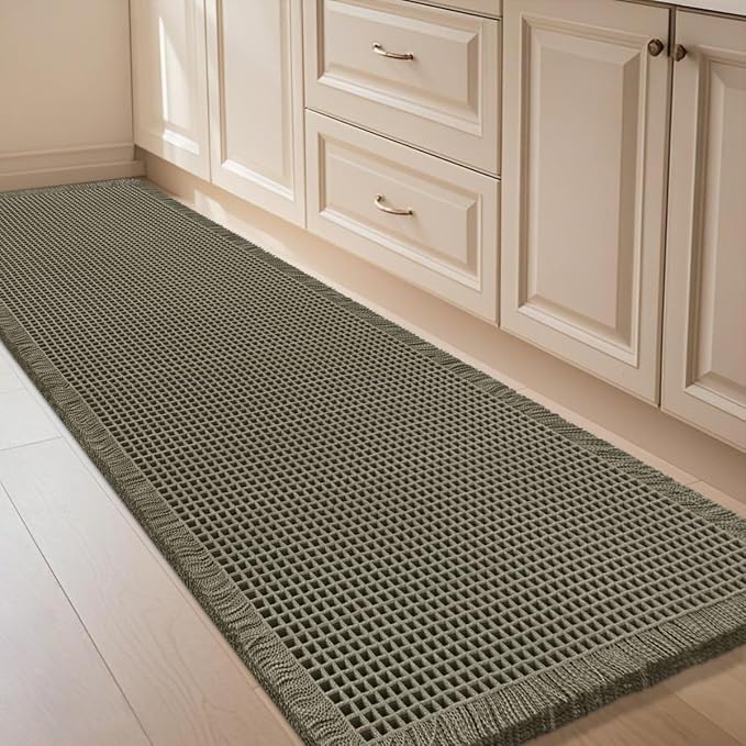 IM HOME Waffle Runner Rug Olive Green 6'x2', Boho Woven Modern Bath Mat Rugs, Absorbent Non Slip Bathroom Rugs, Soft Washable Bath Rugs with Tassels for Bathroom, Bedroom, Kitchen, Shower, Tub