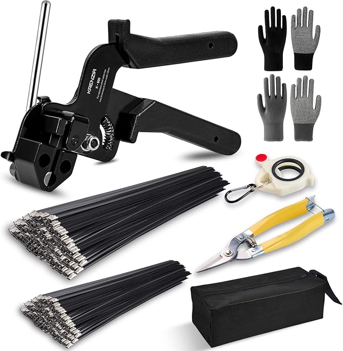 Stainless Steel Cable Tie Gun Kit：With 300pcs Uv Resistant Black Metal Zip Ties Heavy Duty Outdoor (150 Each of 8, 12 Inch) Adjustable Fastening Cutting Tie Tool Sets，for Chainlink Fence，Exhaust Wrap