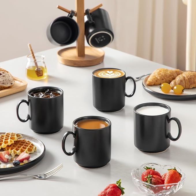 vancasso Porcelain Coffee Mugs Set of 6, 12 Oz Black Coffee Cups for Latte, Cappuccino, Tea & Hot Cocoa, Sleek Modern Café Style for Home, Office & Coffee Bar, Microwave & Dishwasher Safe