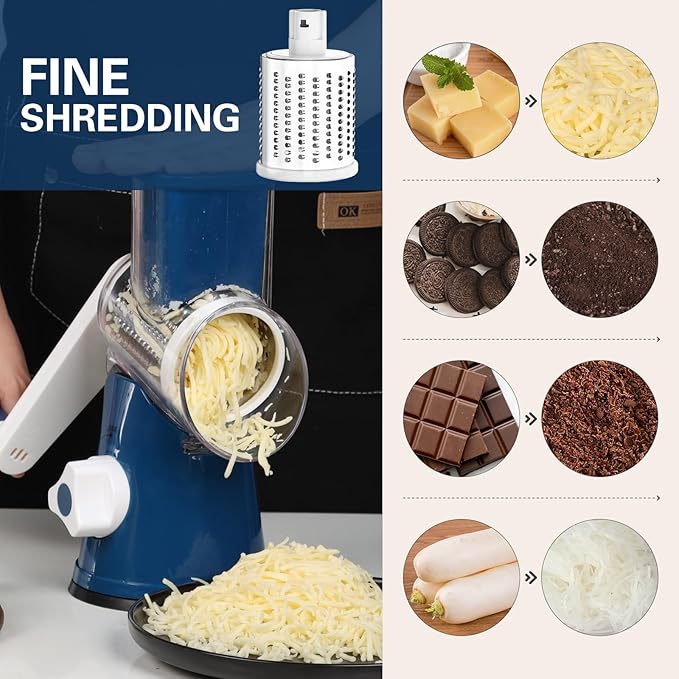 Cambom Rotary Cheese Grater Hand Crank Cheese Shredder for Fresh Cheese, Vegetable, Nuts,Non-slip Suction Base，Three Blades,Dark Blue