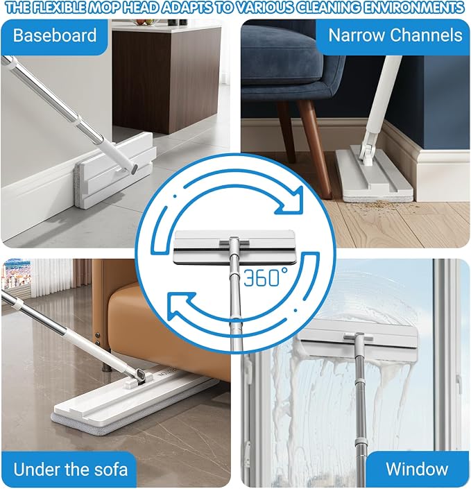 Mop and Bucket Set, Clean Water Separation Floor Dust Flat Mop | Includes 4 microfiber pads for cleaning hardwood, tile, marble and laminate floors. Features a visual clean water tank
