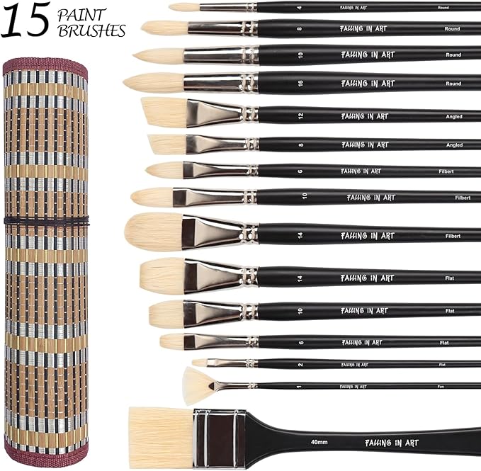 Falling in Art Oil Paint Brush Set, Natural Hog Bristle Paintbrush Set, 15PCS Long Handled Professional Paint Brushes for Acrylic Painting, Oil Paint Brushes with Bamboo Storage Pouch