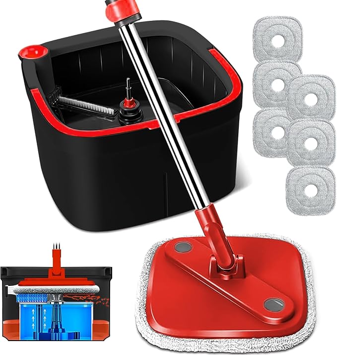 Spin Mop and Bucket Set with Separation Dirty and Clean Water System, Self Wringing 360° Rotating Clean Mop-Head and Bucket Set for Hardwood Tile Marble Floor with 6pc Replaceable Mop Pads
