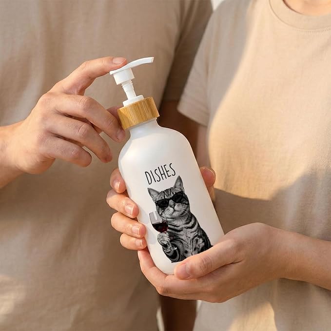 Tabby Cat Hand and Dish Soap Dispenser Set, Cat Lover Mom Dad Owner Gifts Glass Soap Dispenser for Kitchen, Funny Kitty Kitten Refillable Handsoap Pump Bottle for Bathroom Countertop