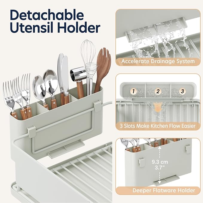 KINGRACK Dish Drying Rack for Kitchen Counter, Dish Drainer with Cup Holder | 16.9"L x 12.4" W Dish Rack with Spacious Drying Capacity, Quick Auto Dish Drainer for Plate Dish Dinnerware, Pale Green