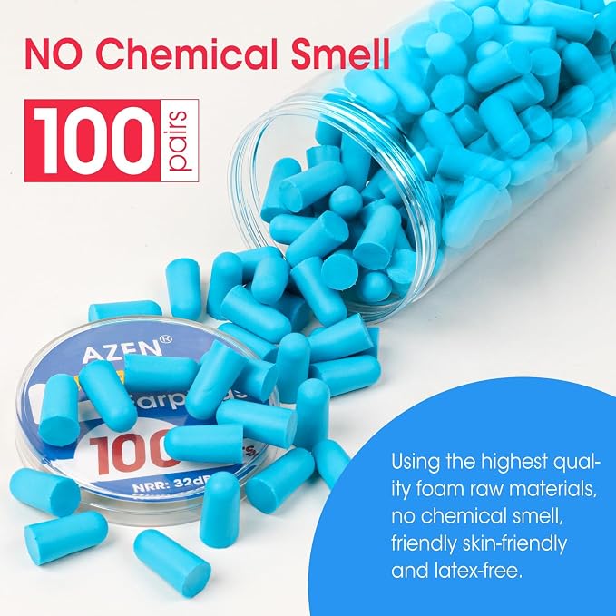 AZEN 100 Pairs Ear Plugs Bulk, NRR 32dB Soft Foam Ear Plugs for Sleeping Noise Cancelling, Earplugs for Concerts Shooting Swimming Noise Reduction (Lake Blue)