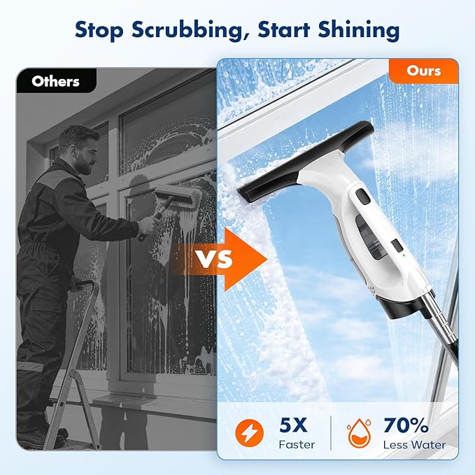 Cordless Window Vacuum Squeegee with Extension Pole, Electric Window Cleaner with Water Collection Tank, Portable Cleaning Kit for Glass Doors, Windows, Mirrors and Car（White）