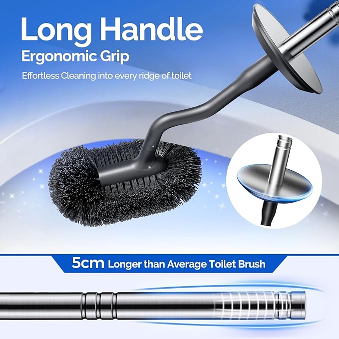 HAMITOR Toilet Brush and Holder Set: 304 Stainless Steel Rustproof Toilet Scrubber with Under Rim Deep Cleaning Curved Bristle - Bathroom Cleaner Brush for Renters Homeowners Family Silver 2 Pack