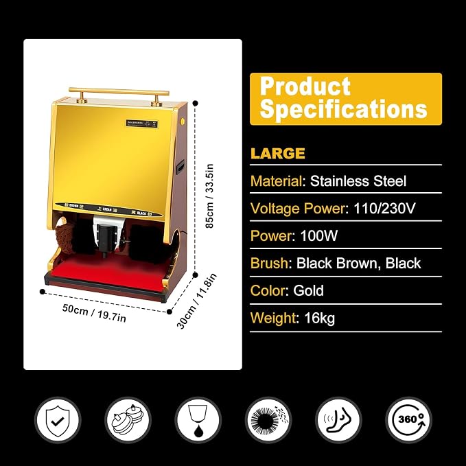 Electric Shoe Cleaning Machine, Automatic Shoe Polisher with Dual Brushes, Leather Shoe Shine Machine for Home, Commercial, Hotel, Airport, Or Station Use(Gold,Large)