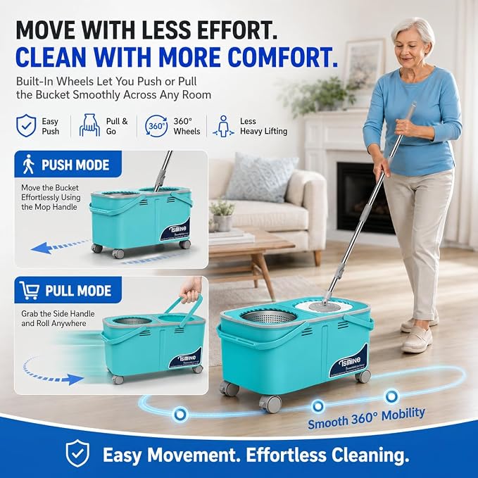 RinseWise Easy-Use Gen 2 Spin Mop and Bucket for Pet & Family Homes, Shower-Style Rinse, Clean & Dirty Water Separation, 1.5 Gal Clean Water Capacity, 4 Swivel Wheels, 61" Handle, 6 Mop Heads - Blue