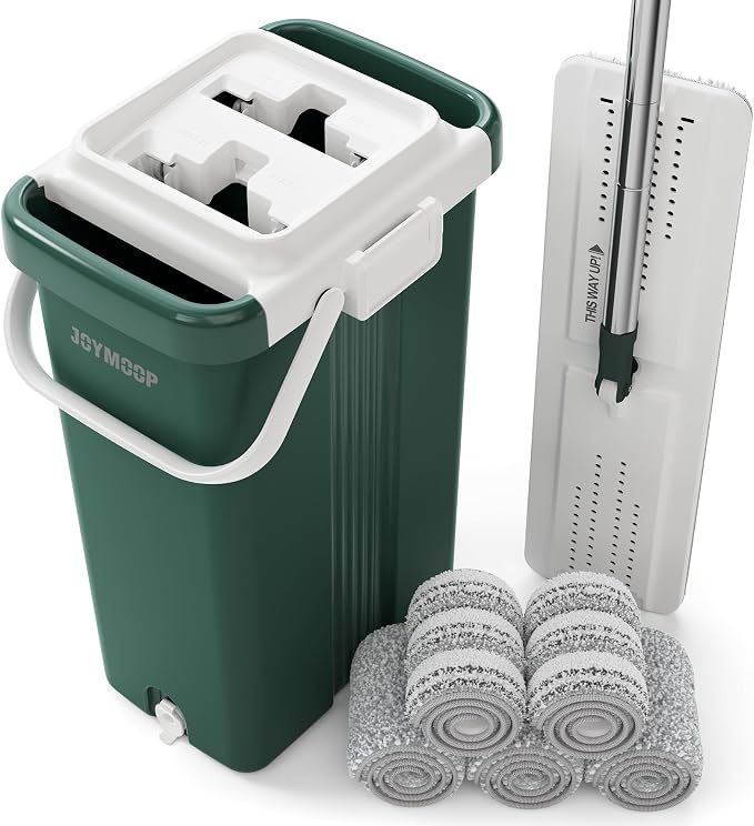 JOYMOOP Commercial Mop and Bucket Set, 17.7-inch Dust Mops for Floor Cleaning, Flat Mop Bucket with Wringer, Include 5 Reusable Microfiber Mop Pads - Forest Green