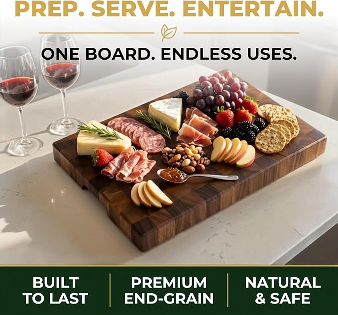 SHUMARU 17.3 × 12.6 × 2" End Grain Cutting Board, Professional Family Size Butcher Block, Thick Exotic Heartwood Chopping Block, Knife-Friendly Wood Cutting Board with Side Handles & Non-Slip Feet